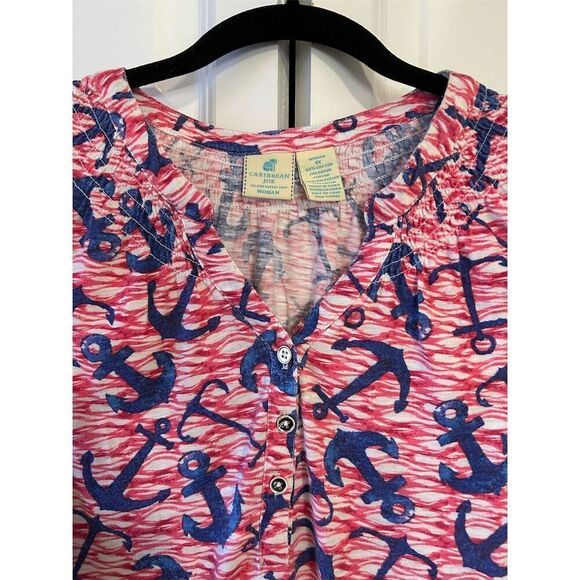 Caribbean Joe Women's 1X Multicolor Anchor Print Sleeveless Tank Top - Picture 2 of 6